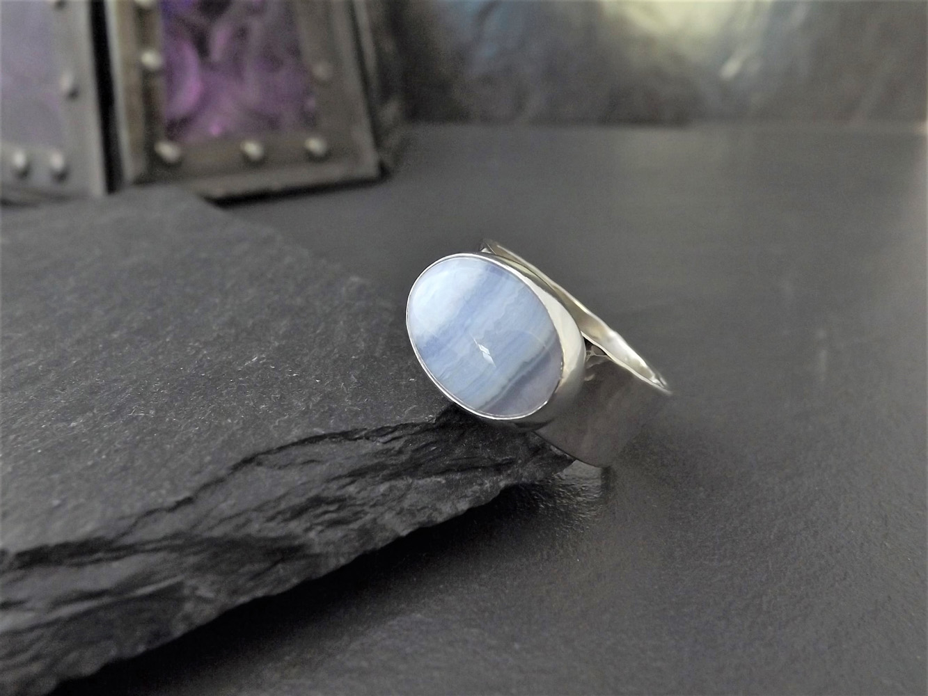 Blue Lace Agate Wide Hammered Silver Ring size O